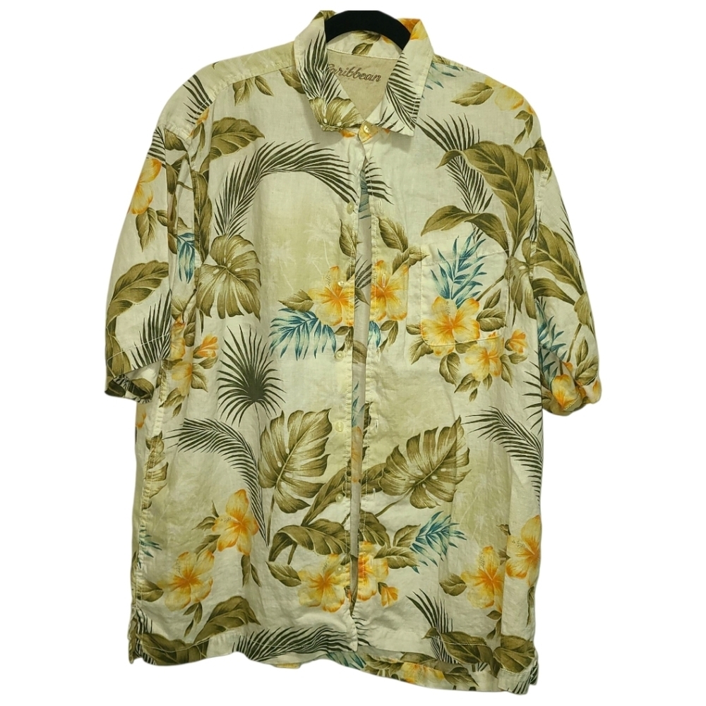 Caribbean Hawaiian Linen Green Floral Aloha Beach Shirt Mens Size Large